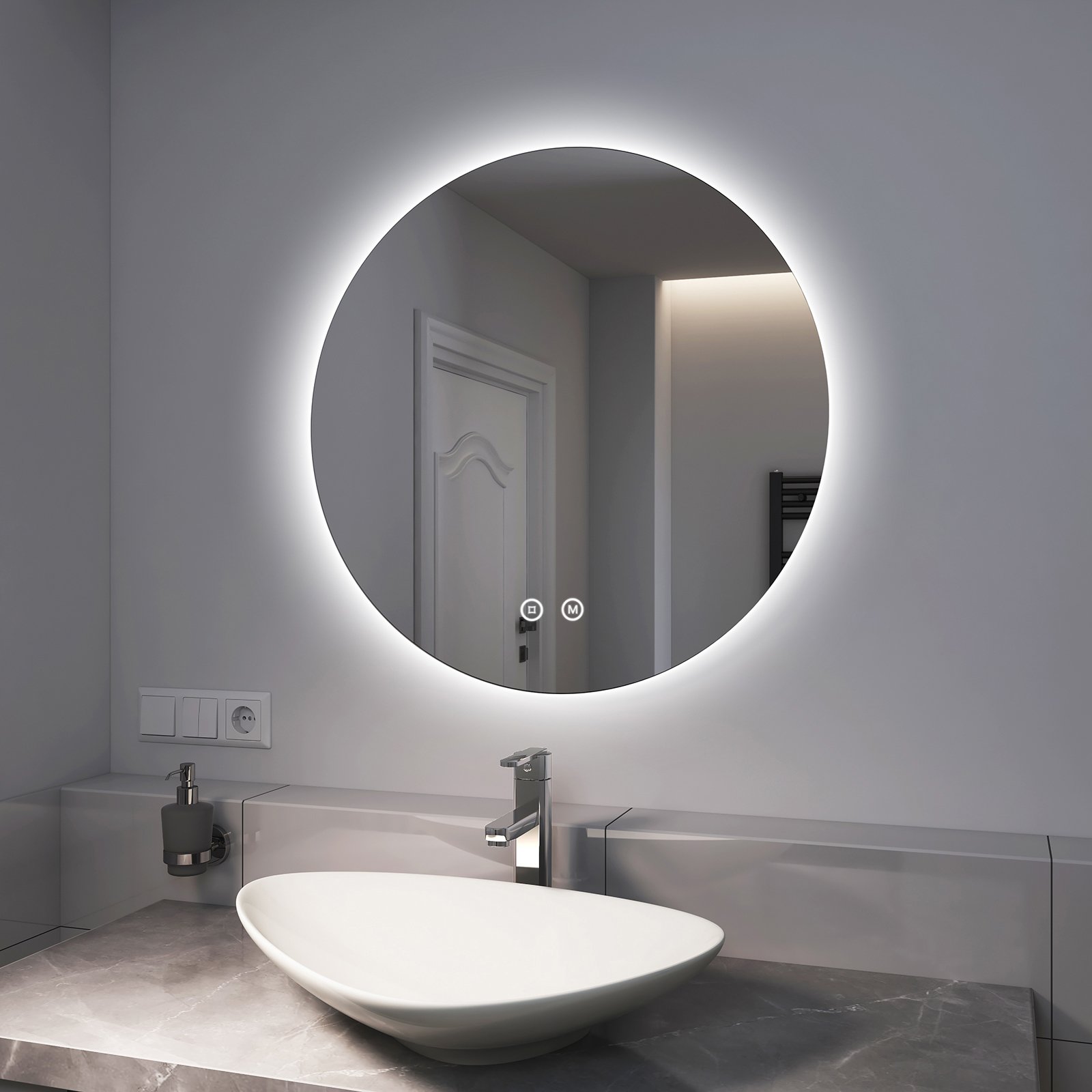 EMKE Lustro łazienkowe LED okrągłe o średnicy 70 cm Lustro łazienkowe LED z oświetleniem 3 barwy światła 3000-6500K Zimna biel Neutralna ciepła biel Możliwość ściemniania Podświetlane lustro z przełącznikiem dotykowym IP44 Energooszczędne