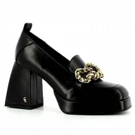 Mokasyny damskie - Czarne skórzane półbuty na obcasie CARINII - Carinii - miniaturka - grafika 1