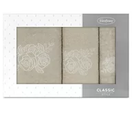 Ręczniki - Komplet ręczników bawełnianych, 3-częściowy beżowy z roślinny haftem, RG3-184 - miniaturka - grafika 1