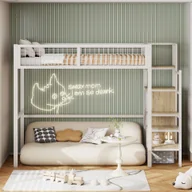 Łóżka dla dzieci i młodzieży - Łóżko na poddaszu Merax z biurkiem, półkami na książki i półką na klawiaturę, łóżko piętrowe 90x200 cm z zabezpieczeniem przed wypadnięciem, metalowe łóżko z listwową ramą, pojedyncze łóżko młodzieżowe z drabinką, białe - miniaturka - grafika 1