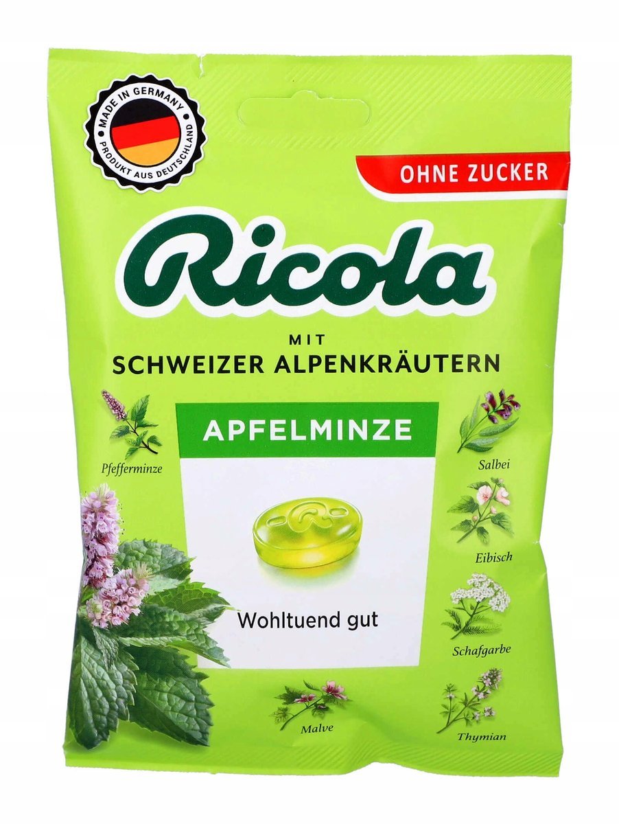 Ricola Cukierki Ziołowe Mięta Jabłko Bez Cukru z Niemiec 75 g