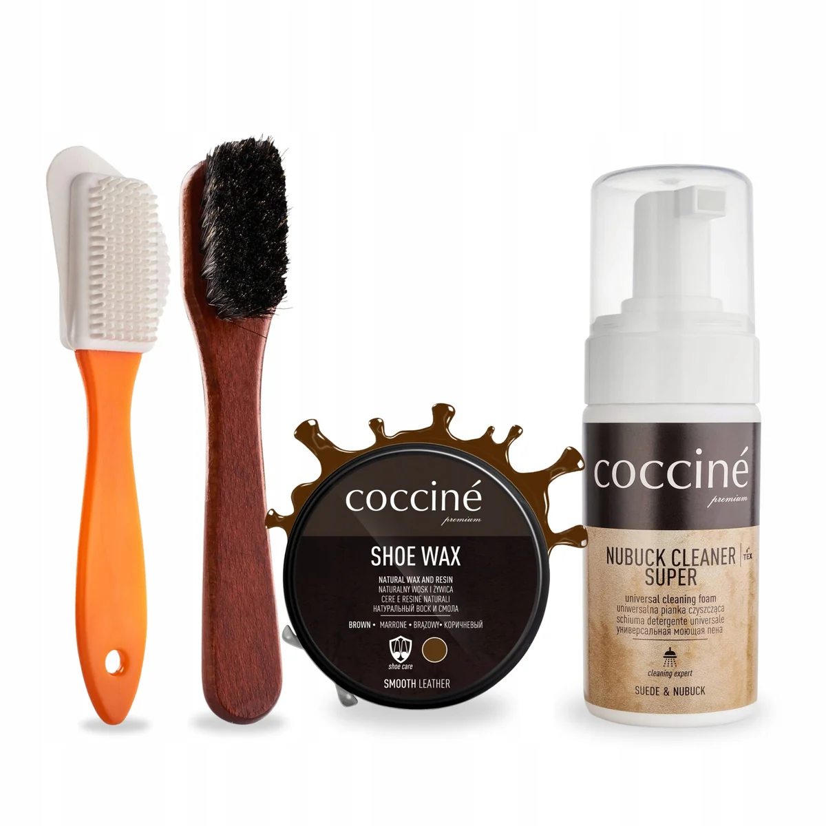 Pianka Cleaner Nubuck ze Szczotkami i Brązową Pastą do Butów Zestaw Coccine