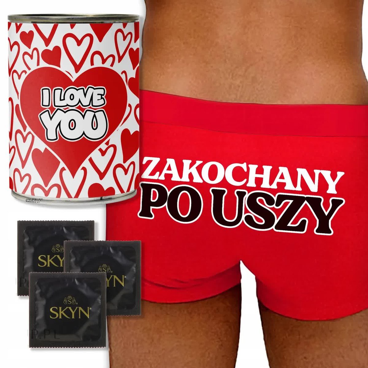 PUSZKA + CZERWONE BOKSERKI + PREZERWATYWY Walentynki ZAKOCHANY PO USZY- L