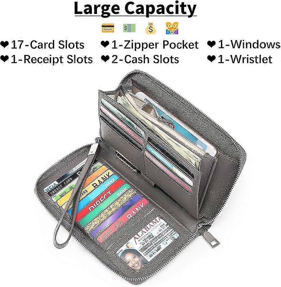 Portfel damski, skórzany portfel damski o dużej pojemności, kopertówka na suwak, bransoletka z blokadą RFID i więcej-Yvan ciemnoszary