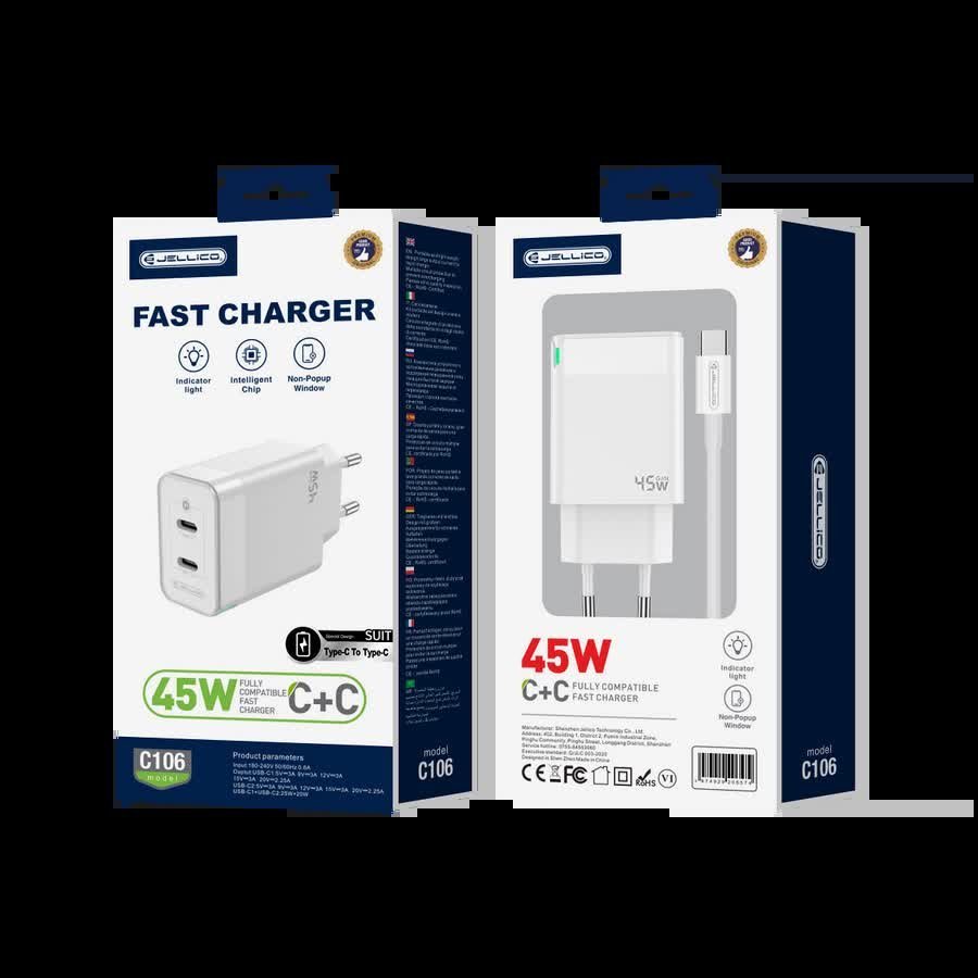 JELLICO ładowarka sieciowa C106 GaN PD 45W 2xUSB-C + kabel USB-C - USB-C Biały