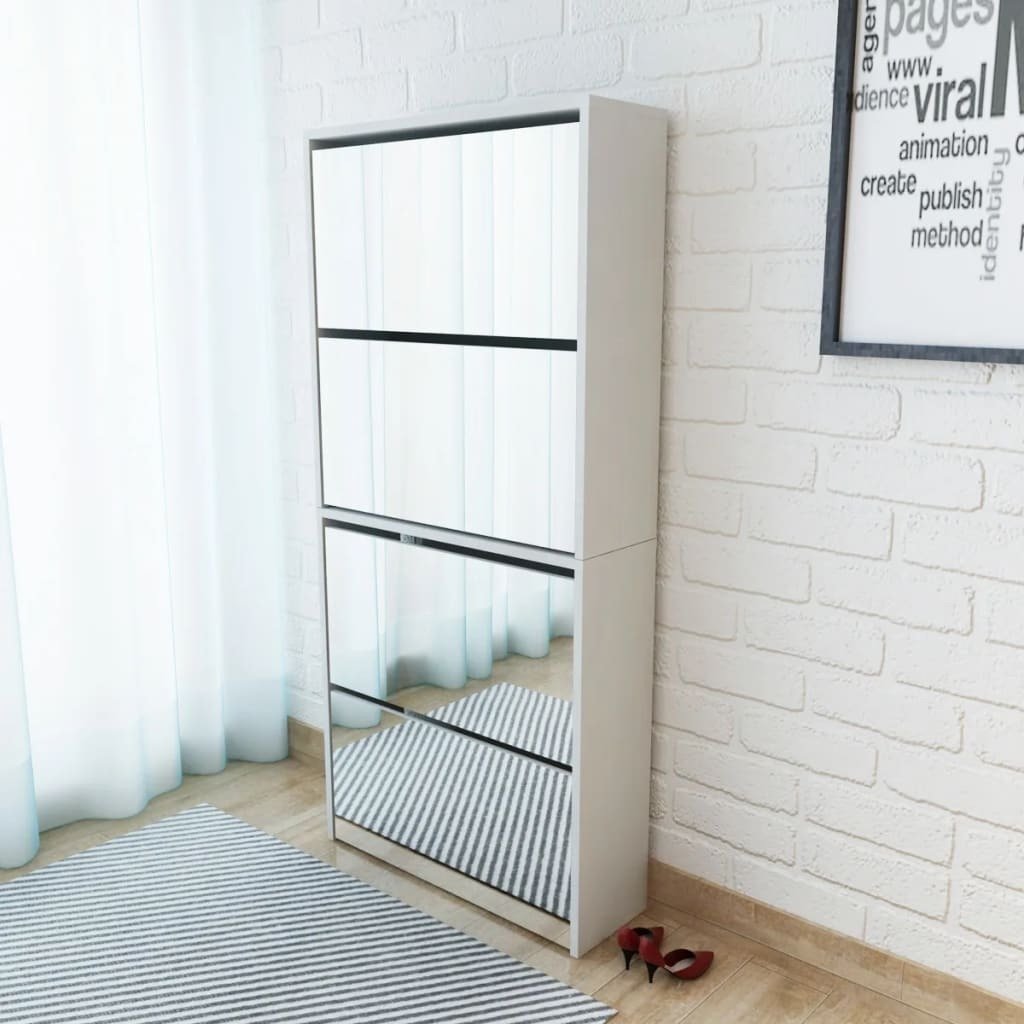 Szafka na buty z 4 przegrodami lustro białe 63×17×134 cm