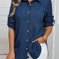 Koszule damskie - TEMU Bluzka Damska Casual z Kołnierzykiem na Guziki – Jednokolorowa, Luźny Fason, Nieprześwitująca Koszulka do Wiosny i Jesieni, Uniwersalna do Stylu - miniaturka - grafika 1