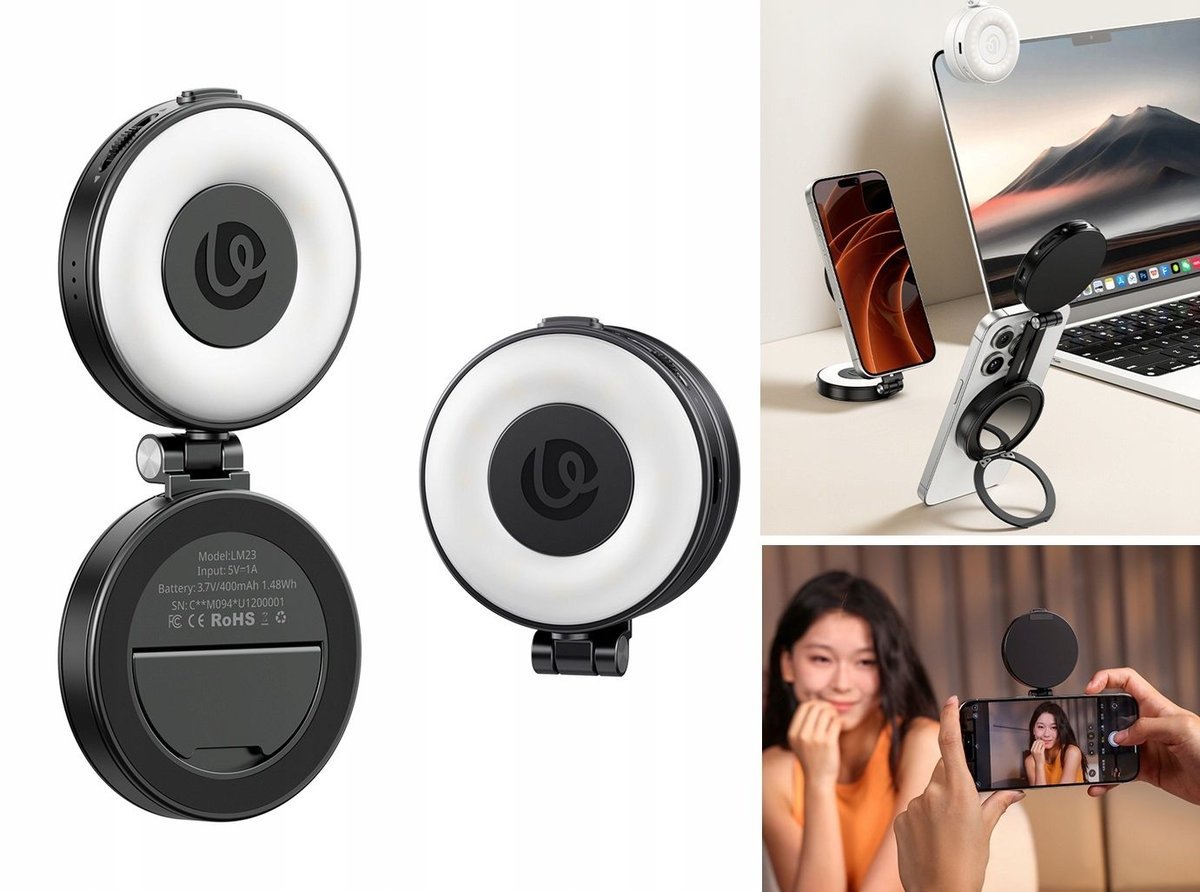 Lampa Lampka Led + Lusterko Magnes Magsafe Do Telefonu Selfie Vlog Ulanzi / Lm23 / Czarny
