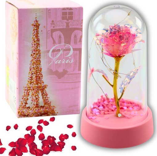 LEAN Wieczna Róża Kryształowa w Kopule z Oświetleniem LED Różowa 14x8cm