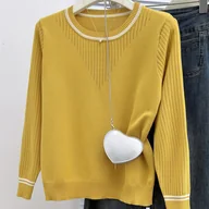 Swetry damskie - TEMU Sweter Damski w Musztardowe Paski z Koronką – Elegancki Sweter z Okrągłym Dekoltem i Kontrastowymi Kołnierzykami, Średnio Elastyczny, - miniaturka - grafika 1