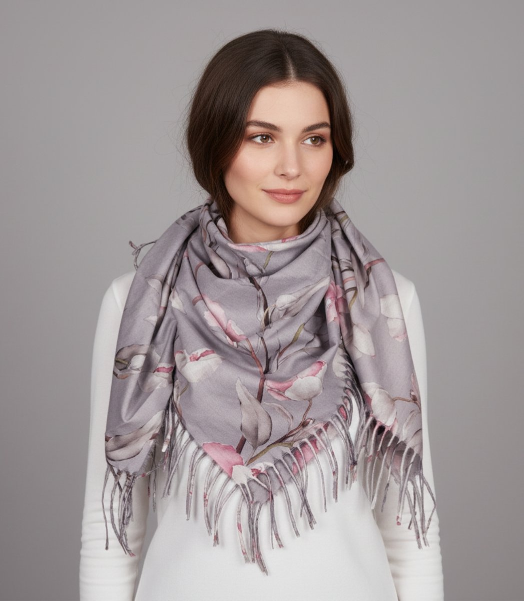 Elegancka kwiatowa chusta szal szalik z frędzlami