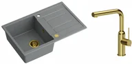 Zlewozmywaki z baterią - Quadron Zlewozmywak granitowy jednokomorowy 78*50*22 cm z ociekaczem MORGAN 111 SILVER STONE ze złotym odpływem z baterią ANGELINA Q LINE z wyciąganą wylewką kolor złoty - miniaturka - grafika 1