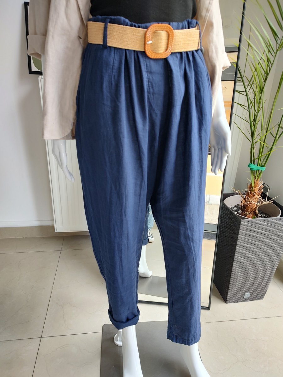 Lniane spodnie z paskiem - granatowy One size
