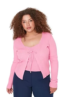 Swetry damskie - Trendyol Damski sweter rozpinany z dekoltem w serek gładki wąski plus size, różowy, 5XL, różowy, 5XL duże Rozmiary - grafika 1