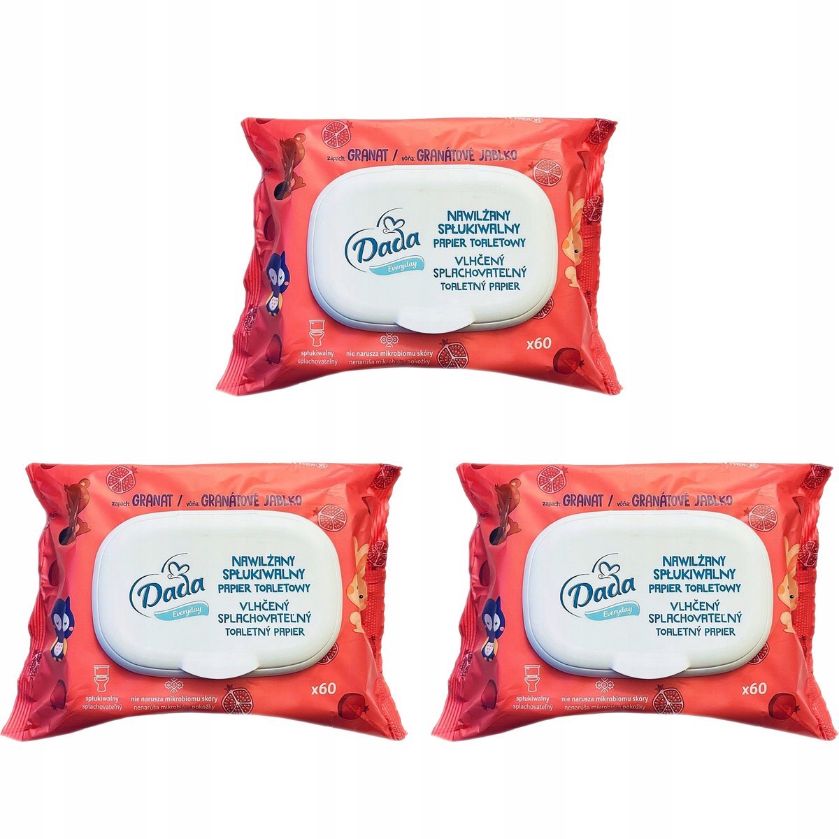 Dada Nawilżany Spłukiwalny Papier Toaletowy GRANAT 3x60szt