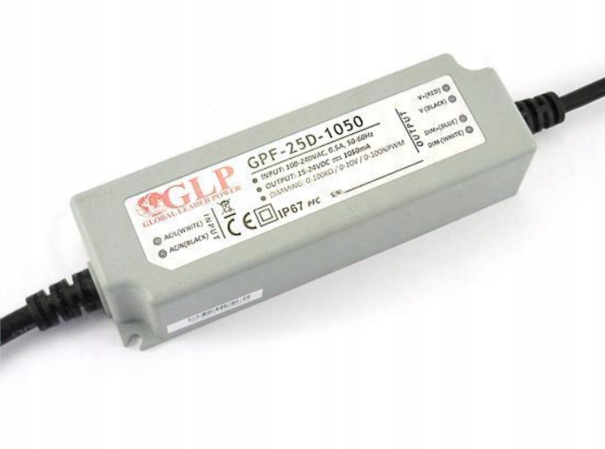 GLP GPF-25D-1050: zasilacz impulsowy prądowy 25W 1050mA/15~24VDC , IP67, funkcj