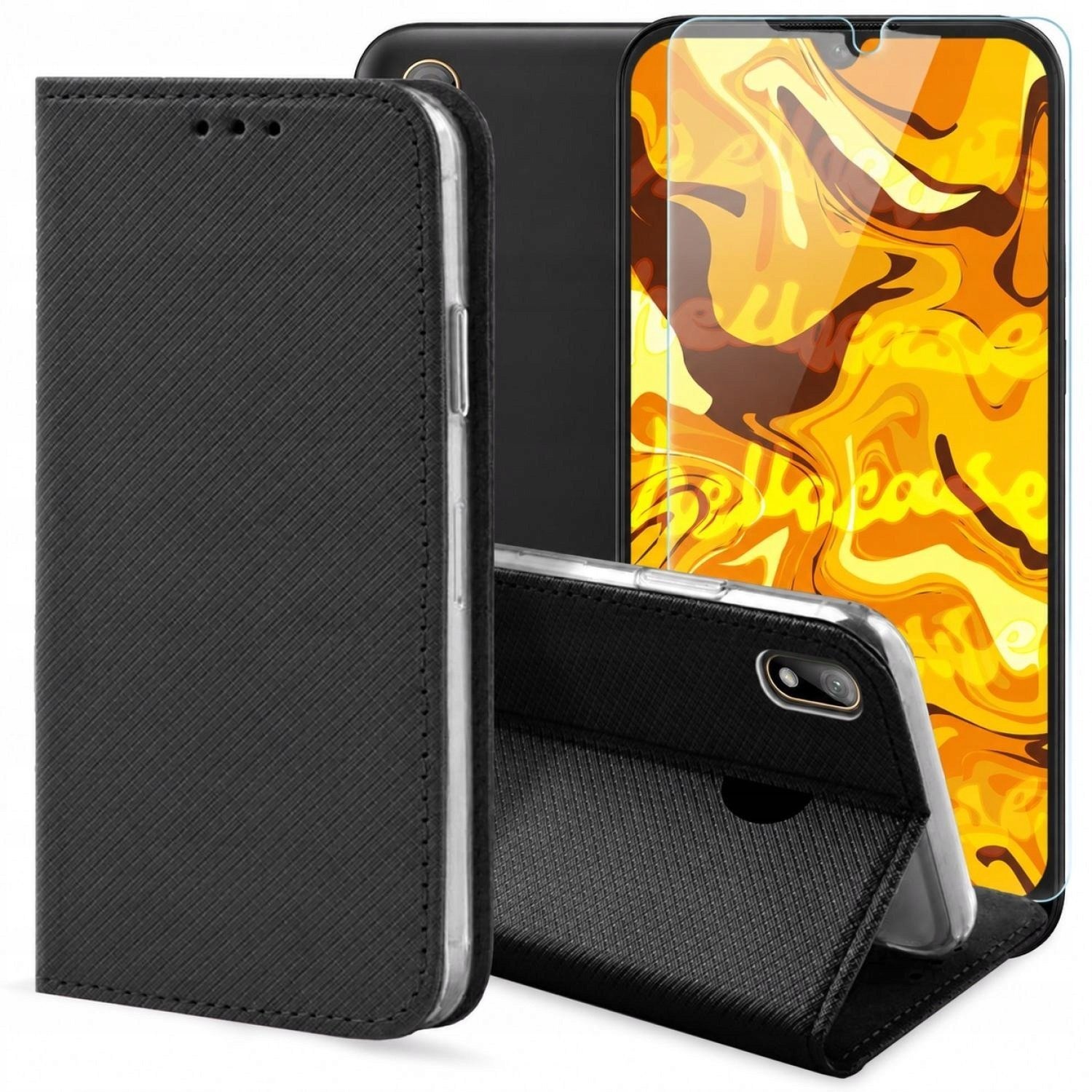 Hello Case Etui z Klapką Do Huawei Y5 2019 Czarne, Zamykane, Magnetyczne Szkło BNDL0539