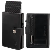 Etui na dokumenty i karty - Skórzany portfel męski z kieszenią na bilon oraz aluminiowym etui z wysuwanymi kartami (czarny) - miniaturka - grafika 1