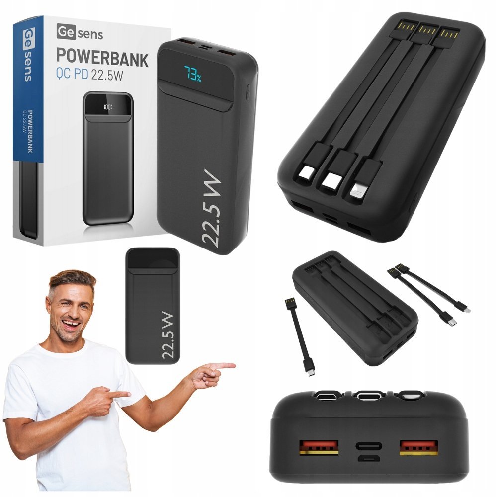 POWERBANK 20000MAH 22,5W USB USB C SZYBKIE LADOWANIE MOCNY KABEL POWER BANK