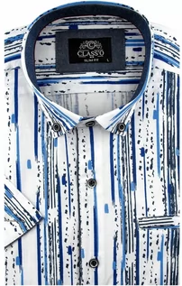 Koszule męskie - Classo Koszula Męska Codzienna Bawełniana Casual biała we wzory z krótkim rękawem w kroju SLIM FIT Classo N499 Koszula N499 - grafika 1