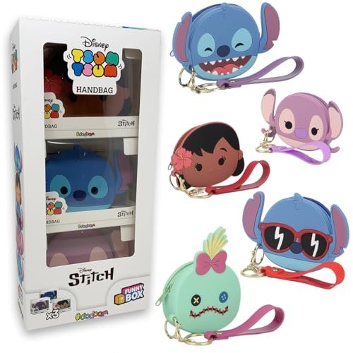 #sbabam FUNNY BOX Disney Tsum Tsum Hand Bag Stitch, torebka dla dziewczynki i dziewczynki z postaciami ściegu, 3 sztuki, gadżety urodzinowe z naklejką i paskiem do przymocowania plecaka, miękka torba