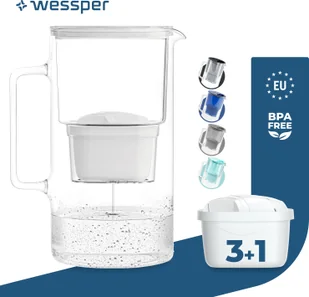 Wessper szklany dzbanek filtrujący do wody 3,L Kompatybilny z wkładami filtrującymi Brita, w tym 4 wkłady filtrujące, biały - Dzbanki i imbryki - miniaturka - grafika 1