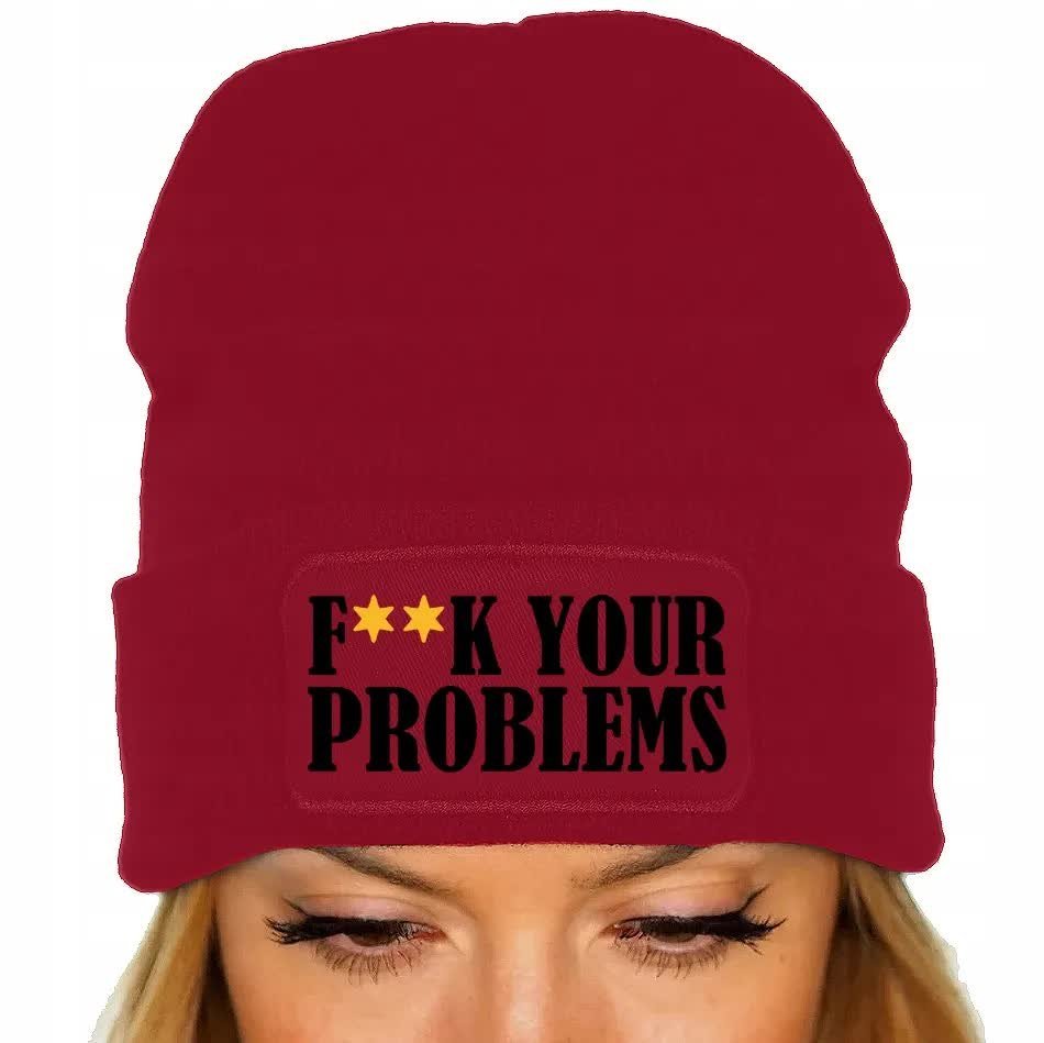 CZAPKA CIEPŁA BAWEŁNIANA ZIMOWA CZERWONA PREZENT F**K YOUR PROBLEMS WZORY