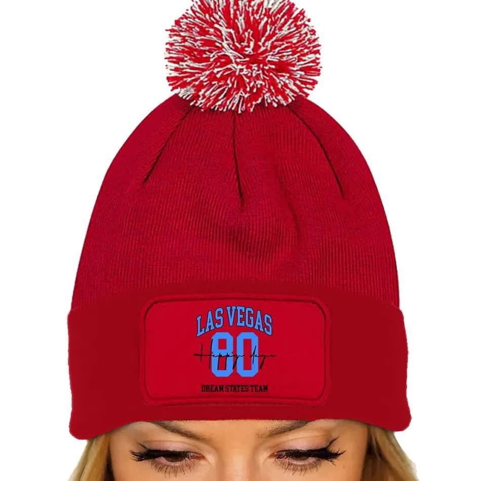 CZAPKA POMPON Bawełniana ZIMOWA Czerwona LAS VEGAS Miasta USA Wzory