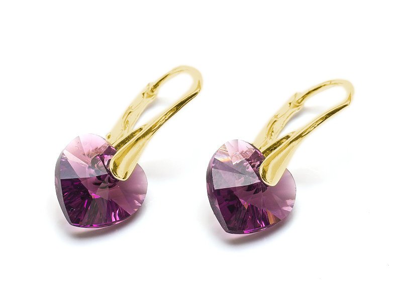Kolczyki pozłacane srebro 925 z kryształami Swarovski Serca 10mm Amethyst
