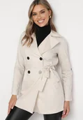 Płaszcze damskie - Beżowy Płaszcz Dwurzędowy z Kieszeniami i Materiałowym Paskiem Piemona - miniaturka - grafika 1