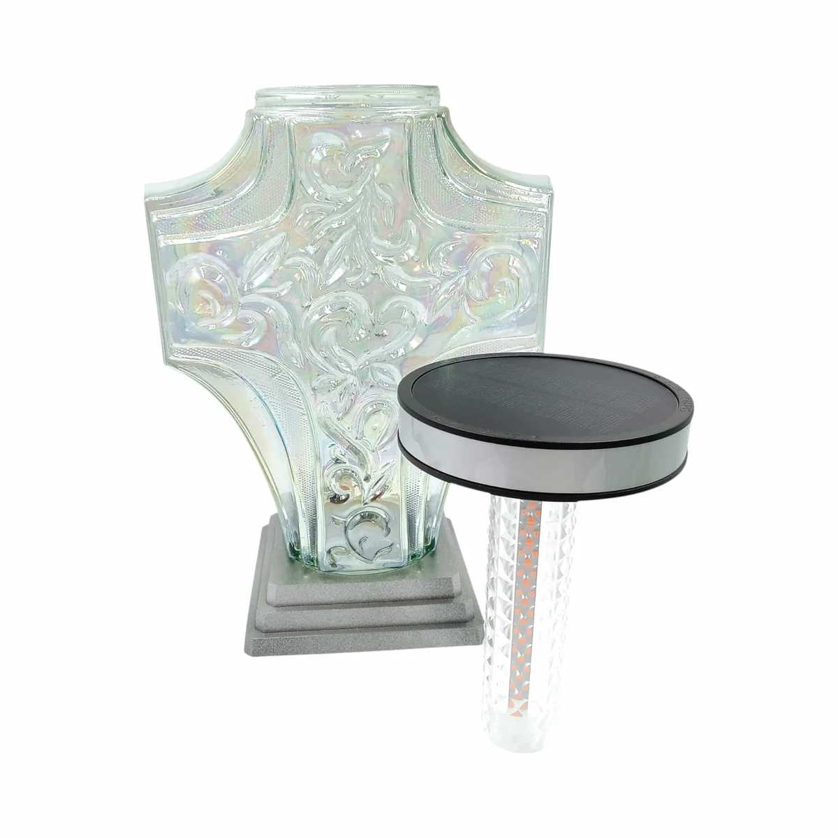 Znicz solarny - krzyż - srebrny - pomarańczowe światło - 31 cm