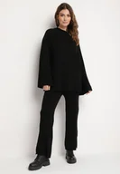 Komplety damskie - Czarny Komplet Dzianinowy z Wiskozą Sweter i Spodnie z Gumką w Pasie i Rozcięciami Malwiya - miniaturka - grafika 1