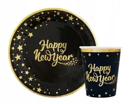 Dekoracje i nakrycia stołu na imprezę - Talerzyki kubeczki Happy New Year czarne złote gwiazdki Nowy Rok Sylwester - miniaturka - grafika 1