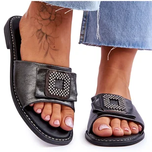 Damskie Skórzane Klapki Z Dżetami S.Barski KV-2775-33 Ciemnosrebrne srebrny - Klapki i japonki damskie - miniaturka - grafika 1