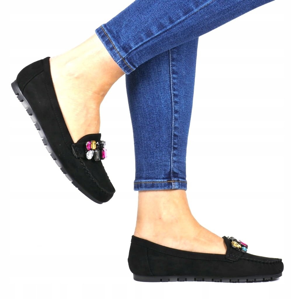 CZARNE MOKASYNY DAMSKIE Z KAMIENIAMI ZAMSZOWE WYGODNE MIĘKKIE BESTSELLER