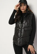 Kamizelki damskie - Czarna Kamizelka z Odpinanym Kapturem i Ozdobnym Pikowaniem Arreanne - miniaturka - grafika 1