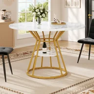 Stoły - Okrągły stół jadalny - śr. 100 x wys. 76 cm - MDF i złote metalowe nogi - wzór marmurowy - biały - miniaturka - grafika 1