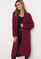 Swetry damskie - Ciemnofioletowy Długi Kardigan z Warkoczykowym Splotem Bovzana - miniaturka - grafika 1