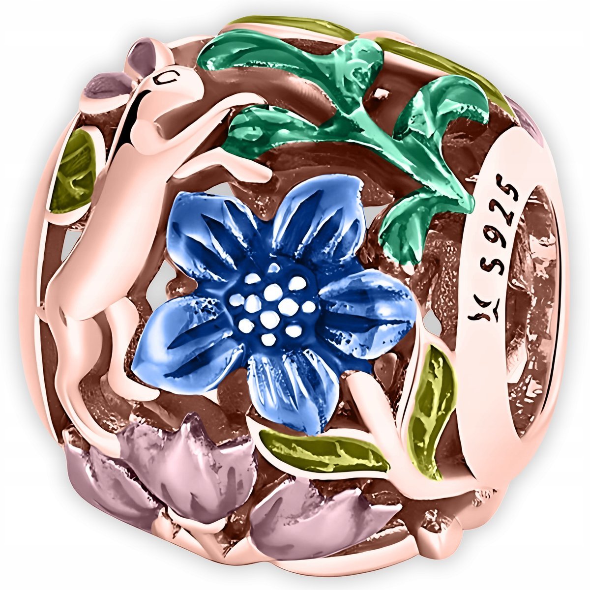 Charms Pozłacany Królik Zajączek Łąka Kolorowe Kwiaty Zając SREBRO 925