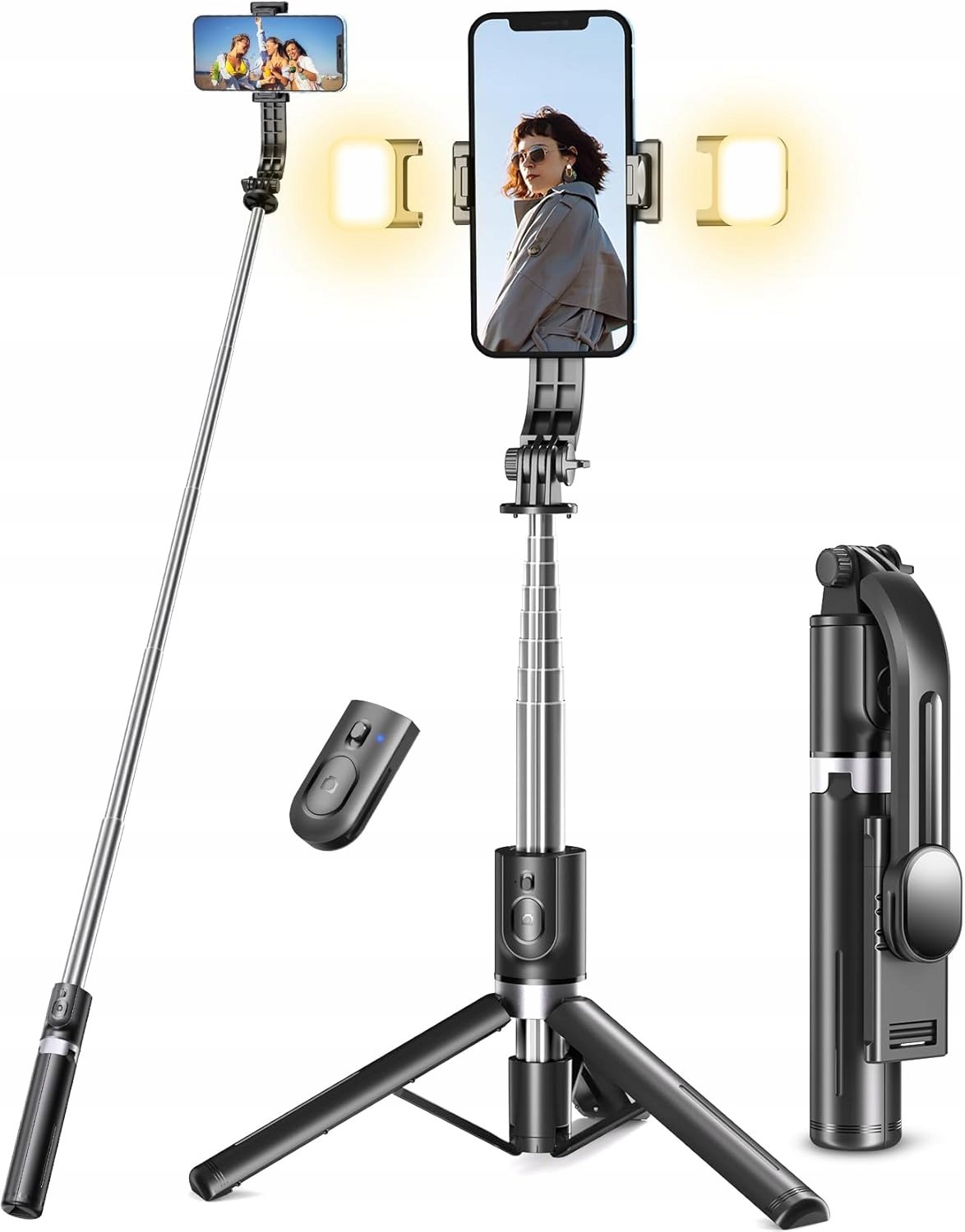 Statyw do Telefonu Selfie Stick Bluetooth Pilot 2x Lampa Led 114cm