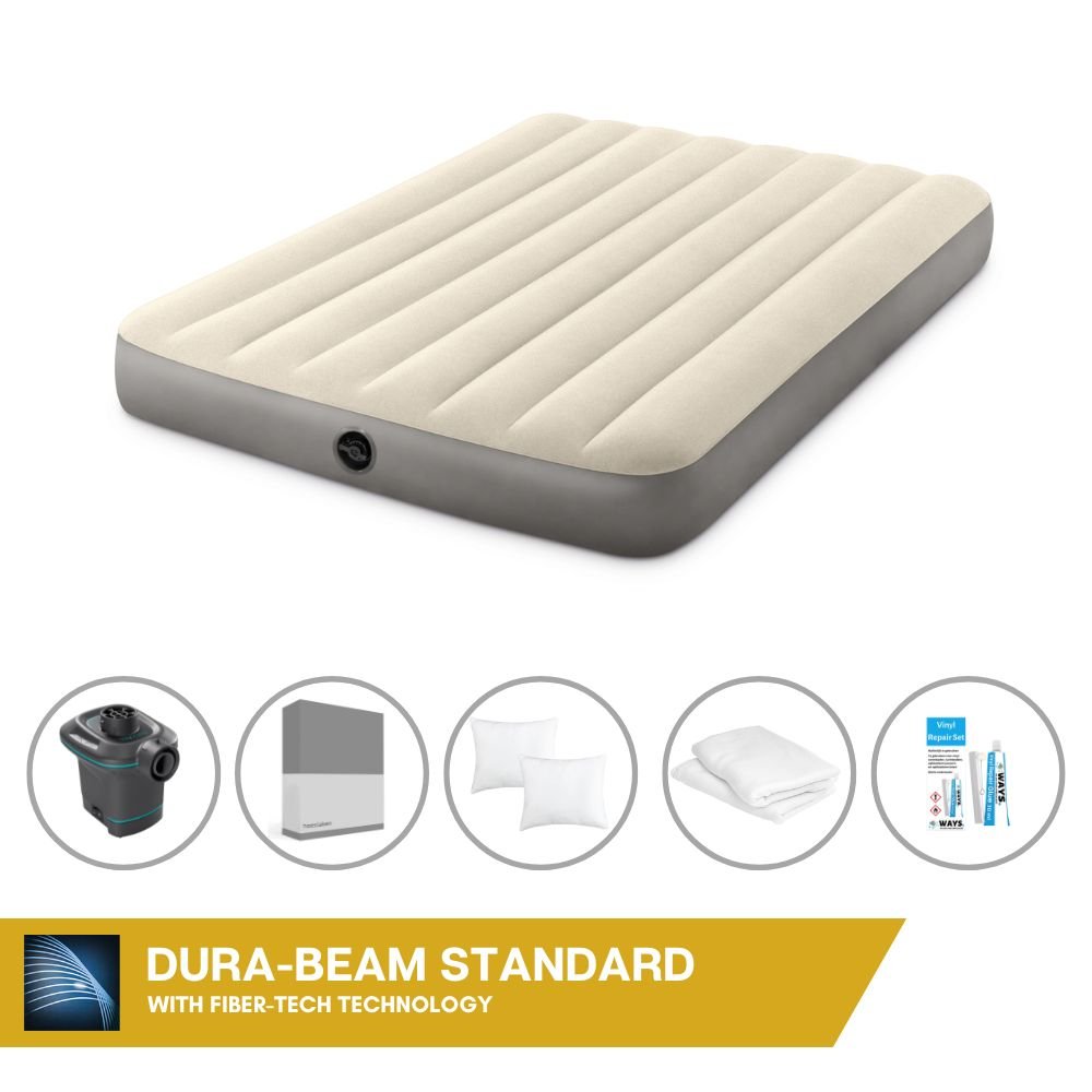 Łóżko dmuchane Intex - 2 osoby - 137 x 191 x 25 cm - beżowe + pompka elektryczna Intex - 650 litrów/min + prześcieradło antracytowe + poduszka + poszewki Molton 2 w 1 + zestaw naprawczy