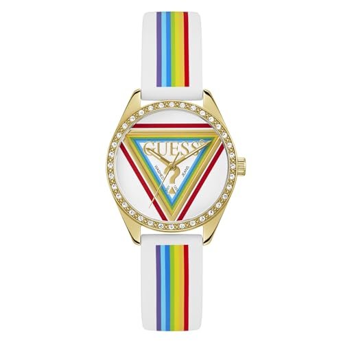 Guess Joy damski zegarek 34 mm stal szlachetna – kwarcowy analogowy zegarek na rękę silikonowy pasek kolorowy, modny zegarek damski kolorowy cyferblat, 5 bar GW1045L2