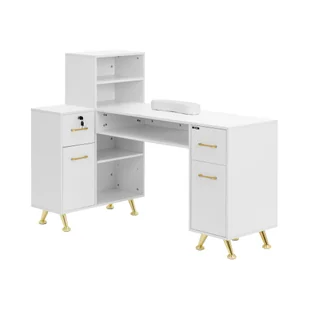 physa Biurko do manicure zamykane białe / złote 2 szuflady podpórka pod dłonie - Biurka do manicure - Stoliki do manicure - miniaturka - grafika 1