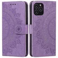 Portfele - Kwiat mandali z nadrukiem PU skórzany magnetyczny portfel TPU Wewnętrzna osłona stojaka Flip Folio z paskiem kompatybilna z iPhone 12/12 Fioletowy - miniaturka - grafika 1