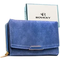 Portfele - Granatowy portfel damski ROVICKY mały portmonetka na zatrzask i suwak elegancki ochrona RFID na prezent - miniaturka - grafika 1