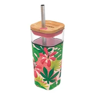 Shakery i bidony sportowe - Quokka Liquid Cube - Kubek szklany 540 ml ze słomką ze stali nierdzewnej (Pink Jungle Flora) - miniaturka - grafika 1