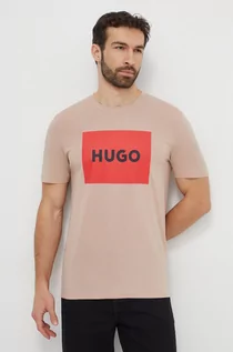 Koszulki męskie - HUGO t-shirt bawełniany kolor beżowy z nadrukiem - Hugo - grafika 1