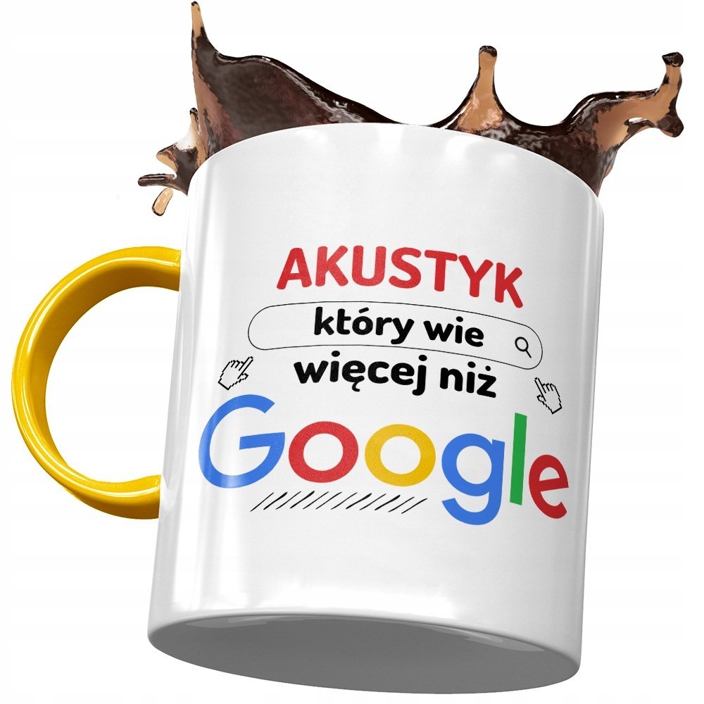 Kubek Żółty Dla Akustyka Wie Więcej Niż Google z Nadrukiem ze Zdjęciem + Opakowanie na prezent (wzór 02)