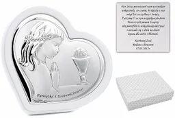 Obrazek srebrny na białym drewnie dziewczynka Grawer pamiątka na I Komunia Św. z Dedykacją - Dewocjonalia - miniaturka - grafika 1