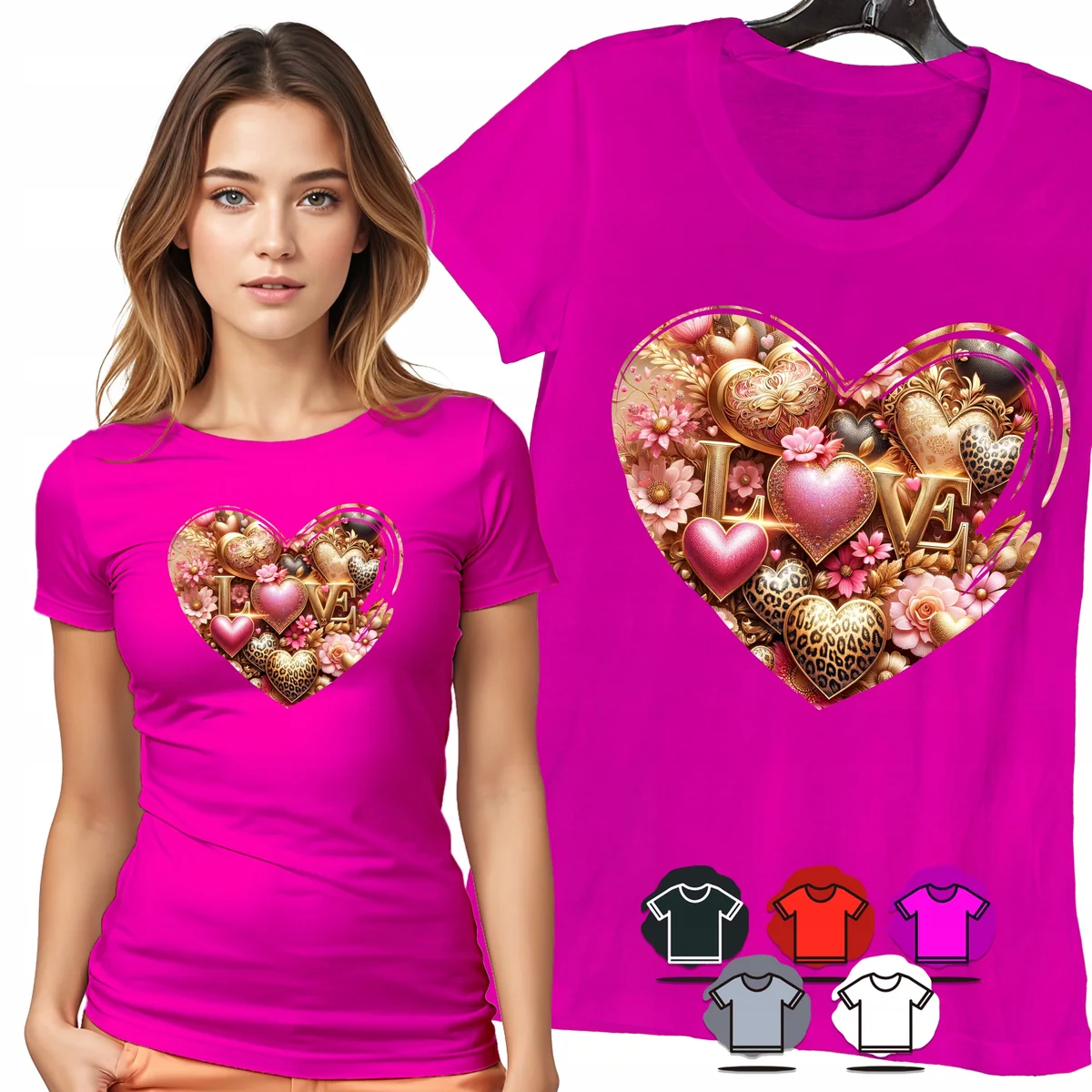 KOSZULKA DAMSKA T-SHIRT - SERCE LOVE ZŁOTE OZDOBY ELEGANCKI PREZENT - XS